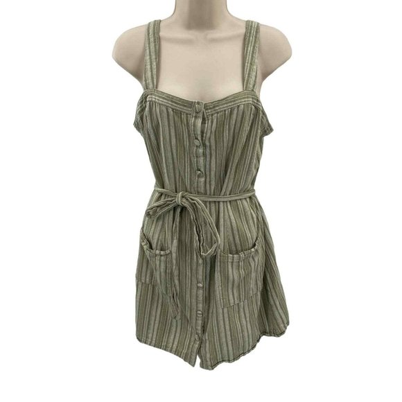 E&M Button Front Dress Womens Large Green‎ Cotton Stripe Belt Pockets - Picture 1 of 8